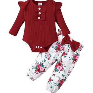 Red Baby Bodysuit and Floral Pants Set